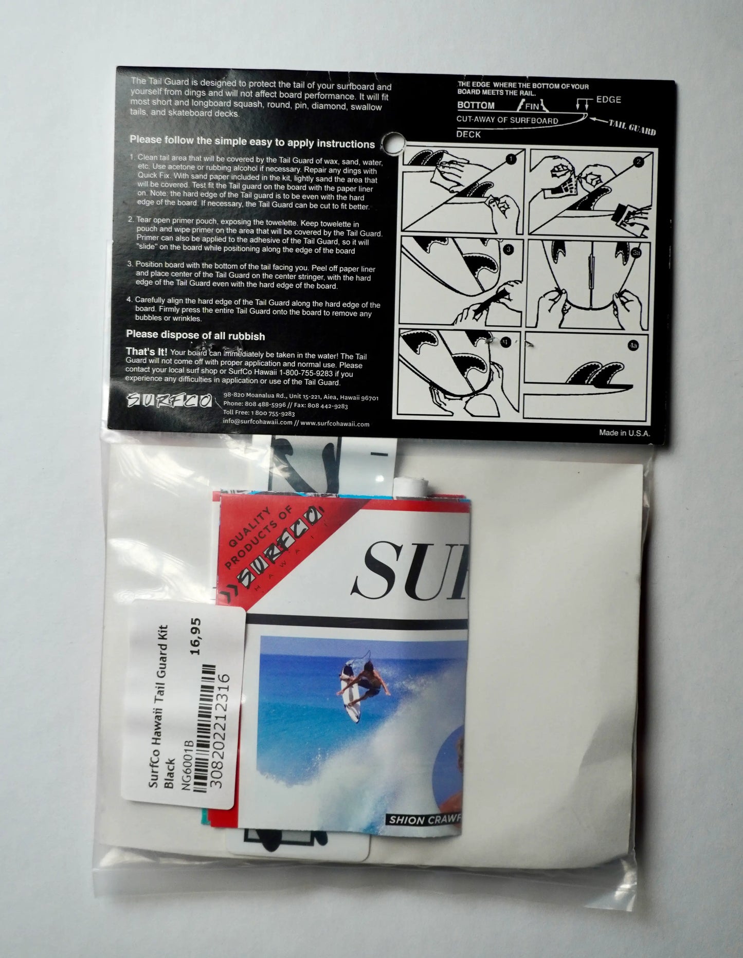 Návod k instalaci SurfCo Hawaii Tail Guard – postup lepení ochrany ocasu surfboardu s obrázky.