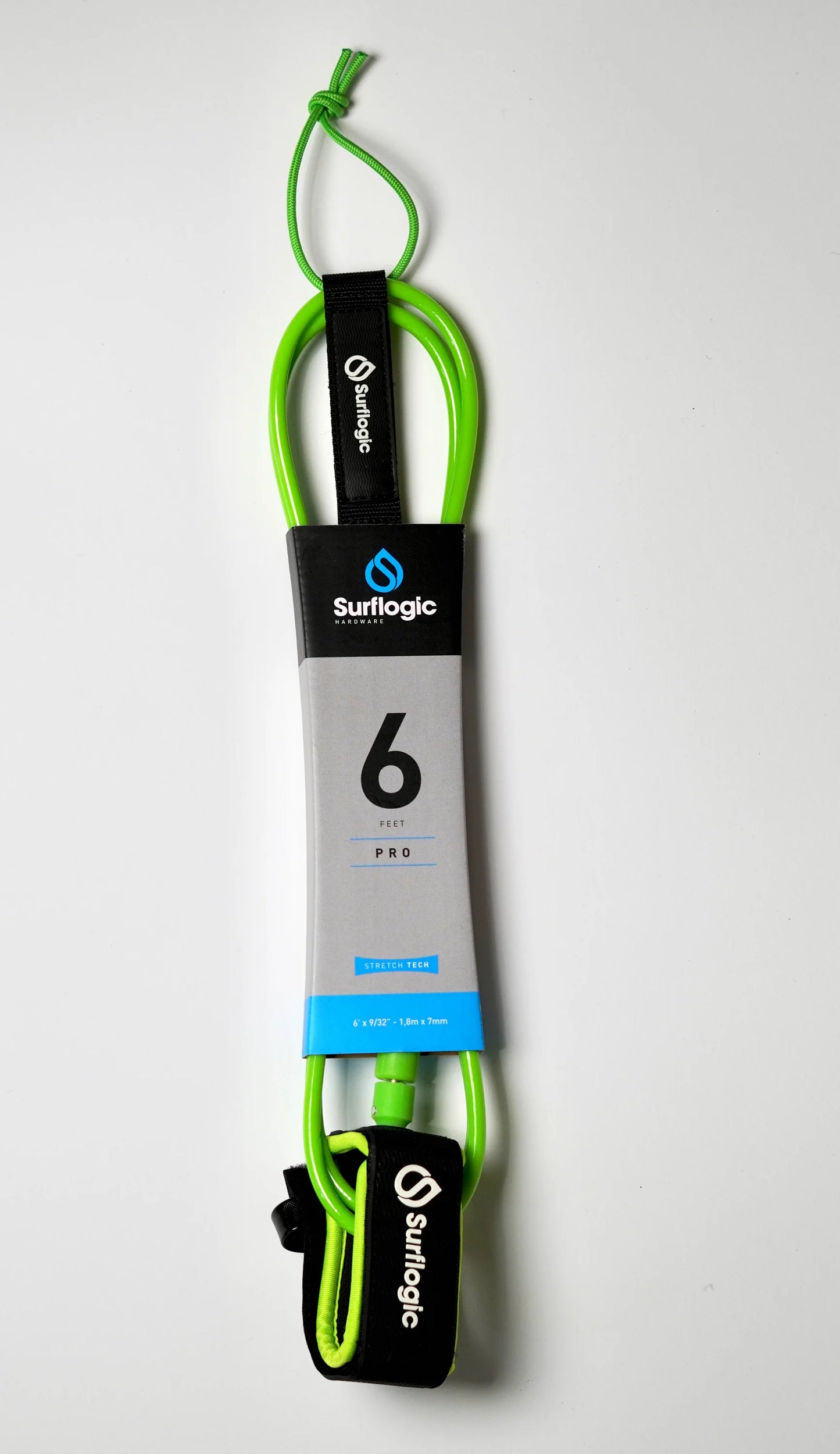 Neon-green Surflogic Leash Pro 6' fully packaged on a white background