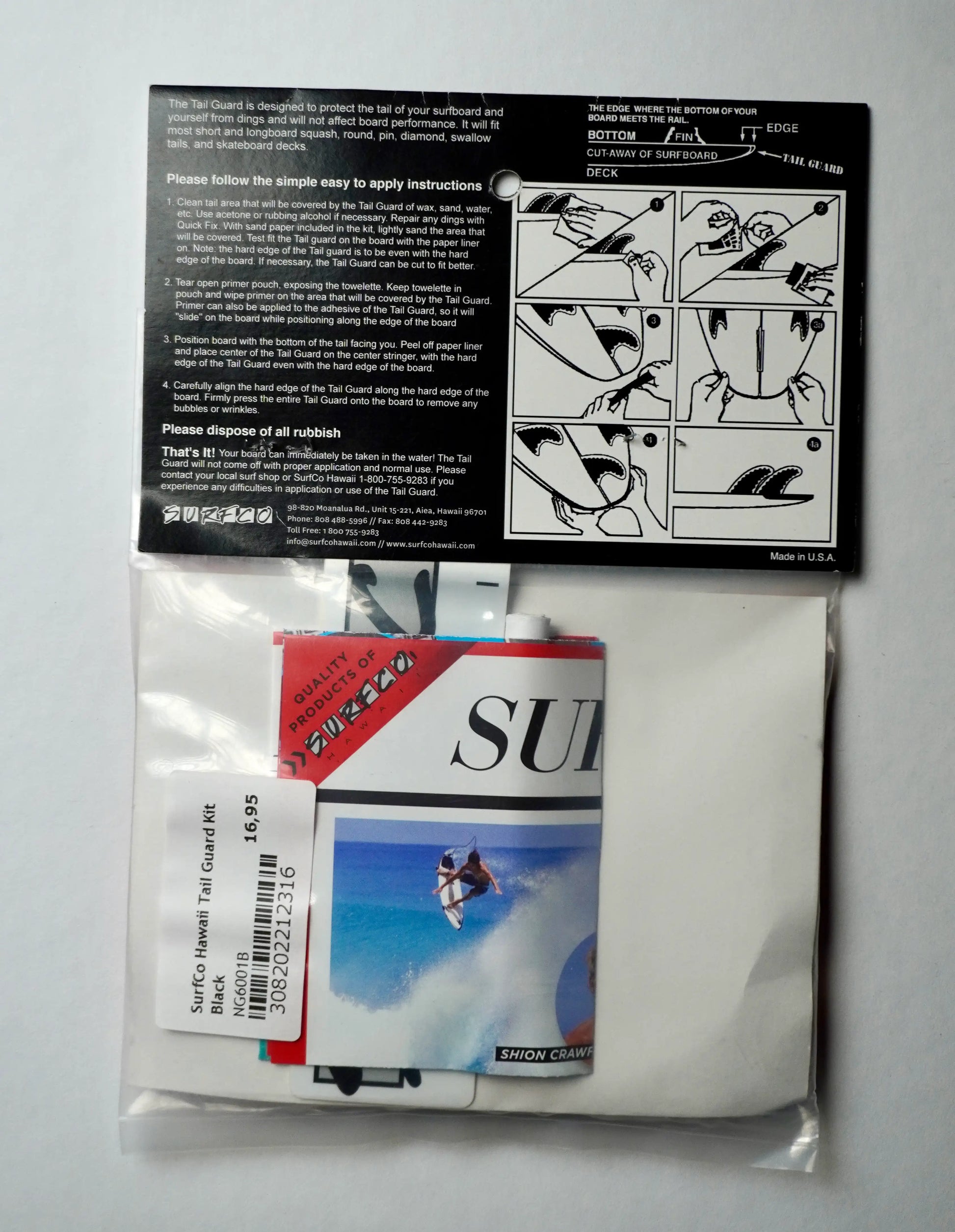 Návod k instalaci SurfCo Hawaii Tail Guard – postup lepení ochrany ocasu surfboardu s obrázky.