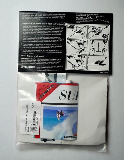 Návod k instalaci SurfCo Hawaii Tail Guard – postup lepení ochrany ocasu surfboardu s obrázky.