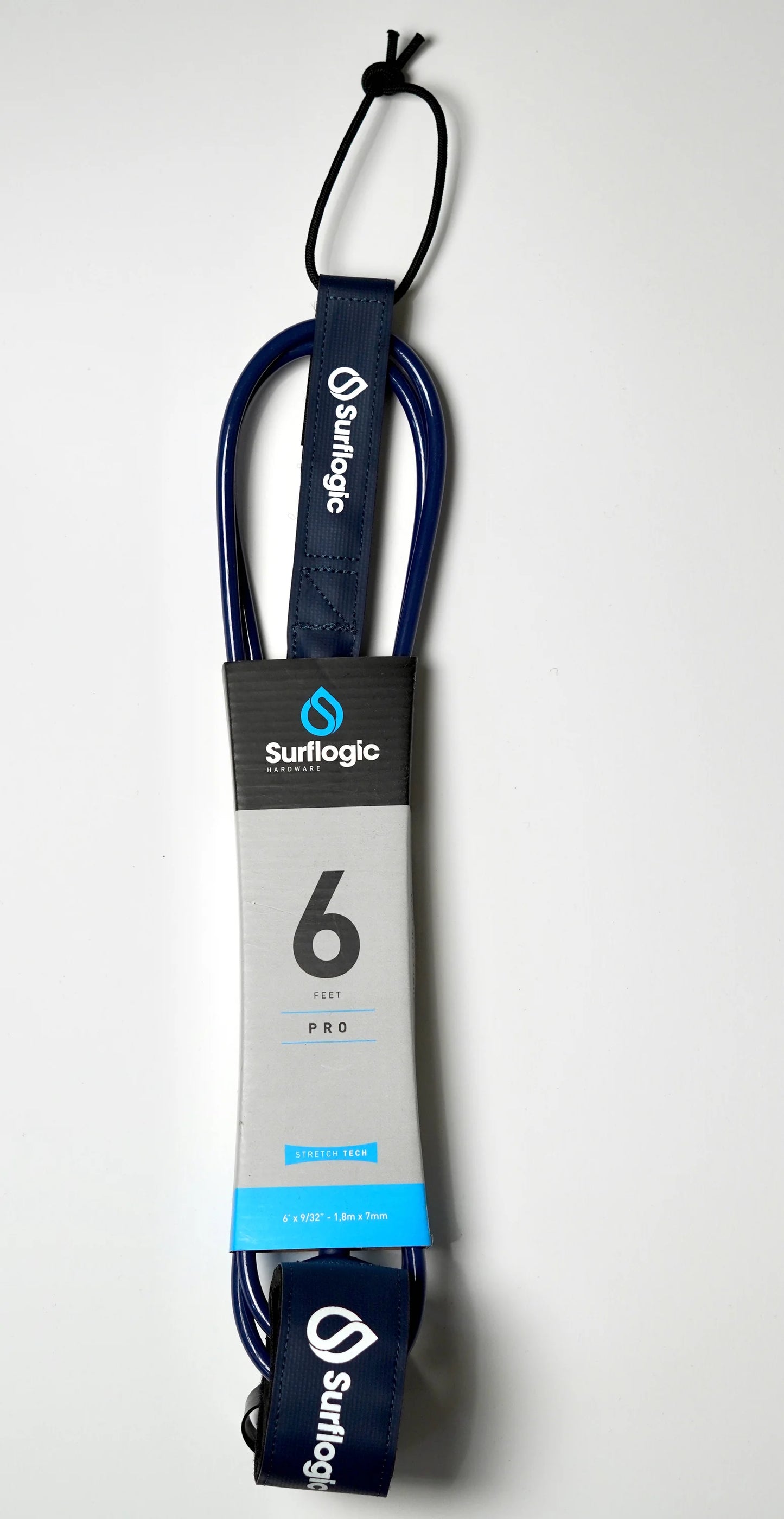 Navy Surflogic Leash Pro 6' fully packaged on a white background
