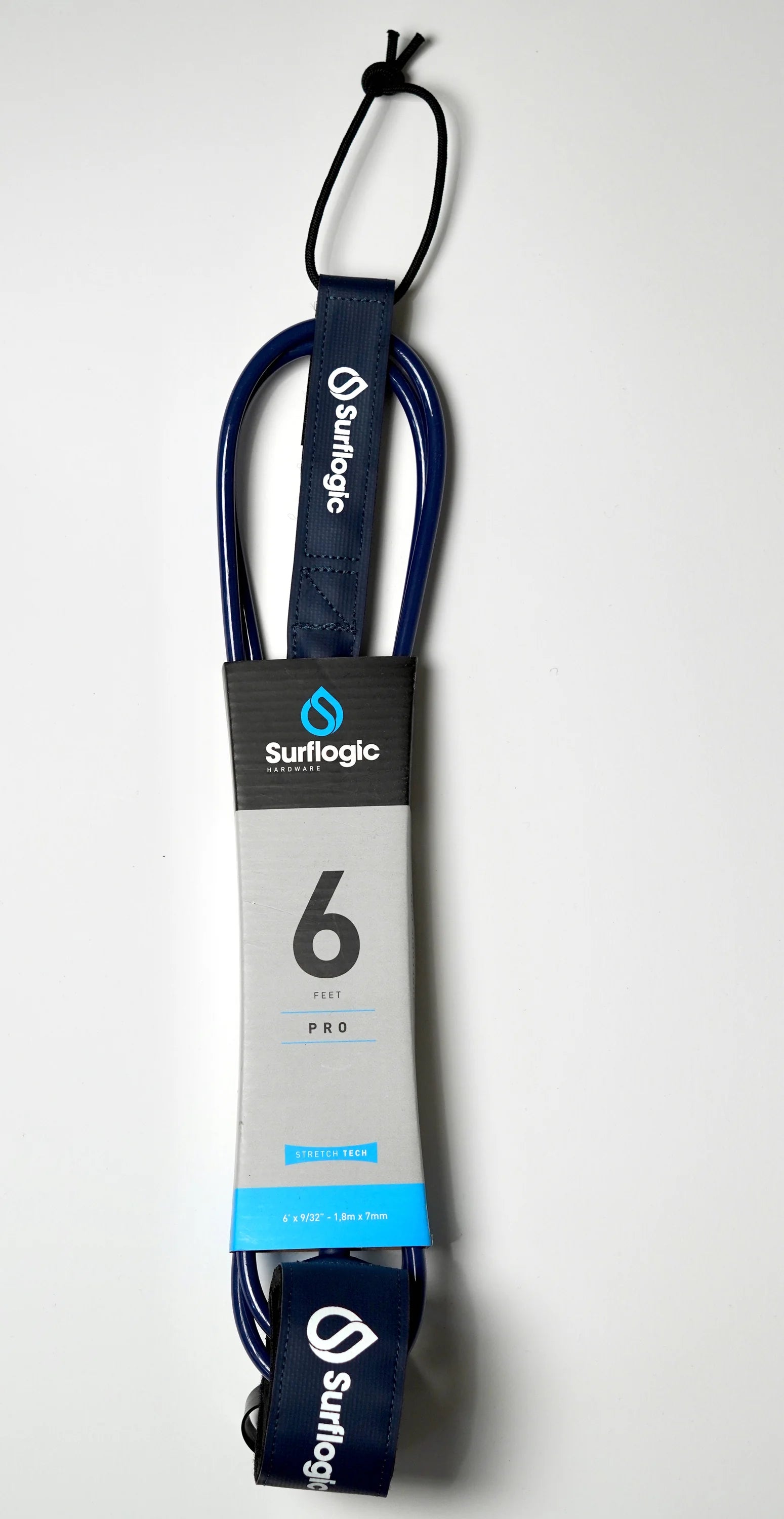 Navy Surflogic Leash Pro 6' fully packaged on a white background