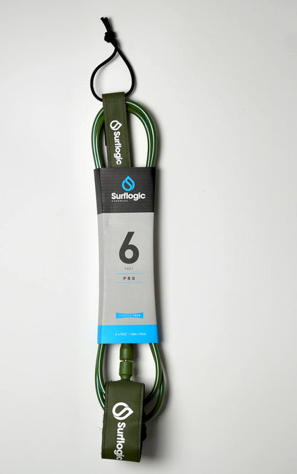 Olive green Surflogic Leash Pro 6' fully packaged on a white background