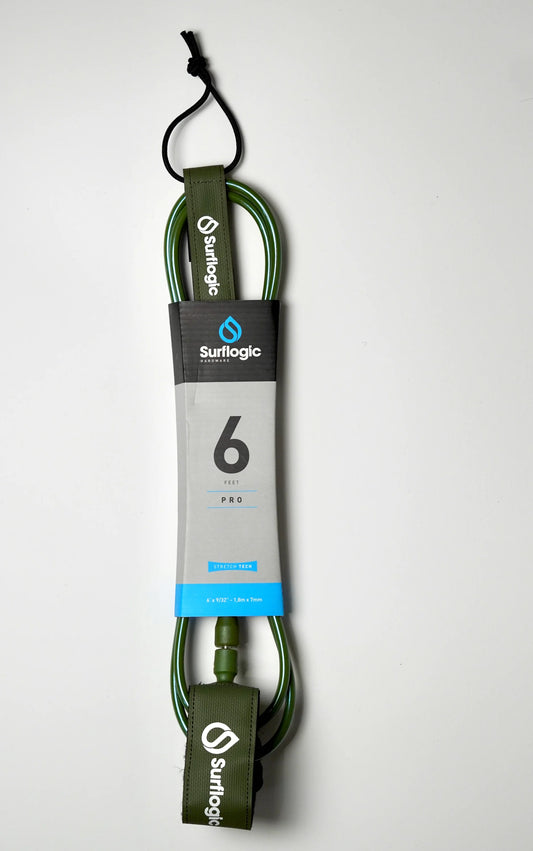 Olive green Surflogic Leash Pro 6' fully packaged on a white background