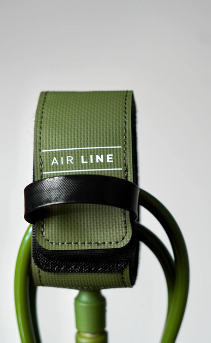Close-up of the olive Surflogic Air Line leash with closed Velcro