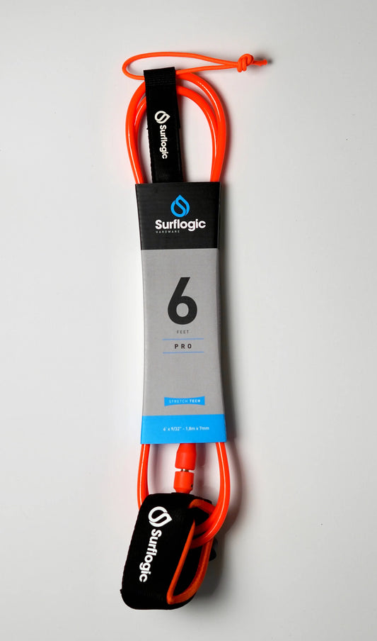 Orange Surflogic Leash Pro 6' fully packaged on a white background